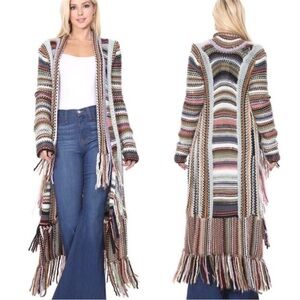 T Party Free People Technicolor maxi Crochet long Sweater coat SIZE SMALL